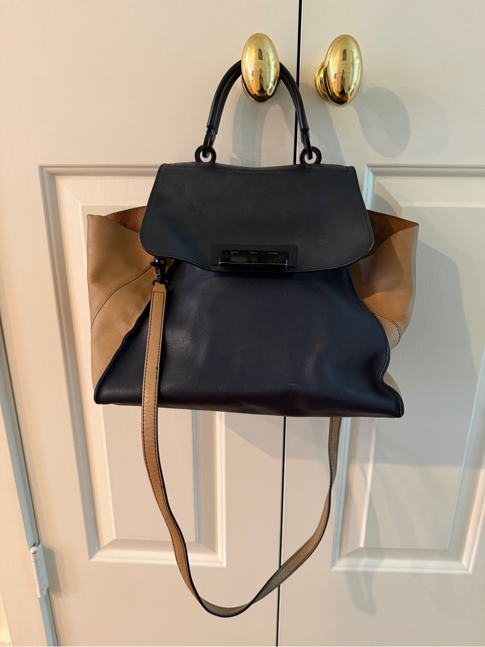 Zac Posen Black and Tan Leather Flap Crossbody Bag